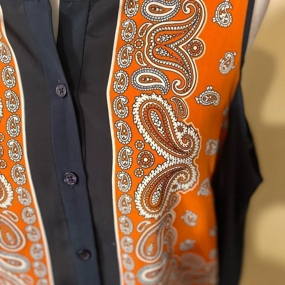 Michael Kors Orange/Navy Paisley Print Cold Shoulder Long Sleeve Blouse Sz S EUC